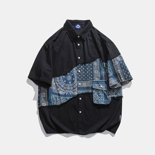 [WH Teacher Series]★Shirt★ 3color Paisley Short Sleeve Shirt Switching Tops Unisex Men's White Black