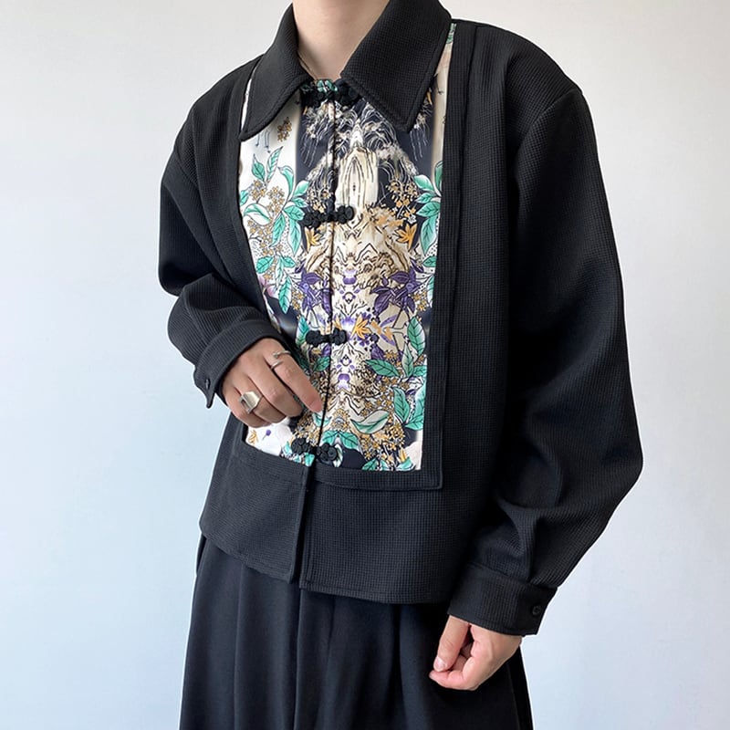 [Kai Chao Fubon Series]★China Style Shirt★ Tops Print China Button Unisex Chinese Clothes Black Black