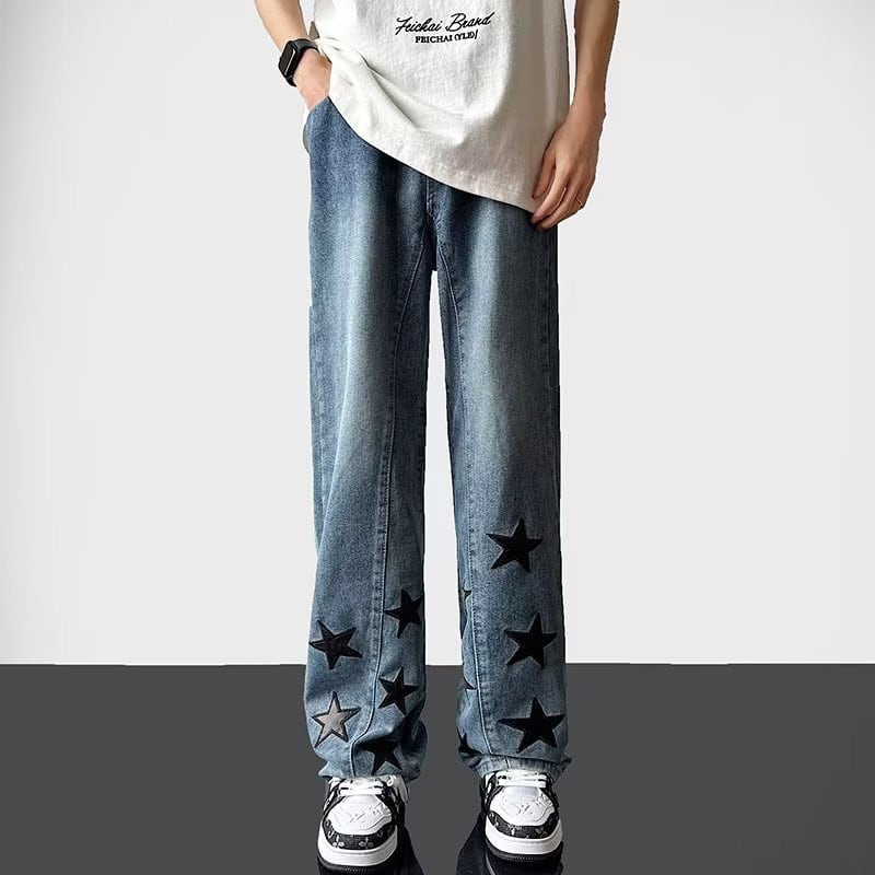 [High Series]★Denim Pants★ Pants Bottoms Unisex Men's Star Pattern Retro Blue Blue SML XL 2XL 3XL