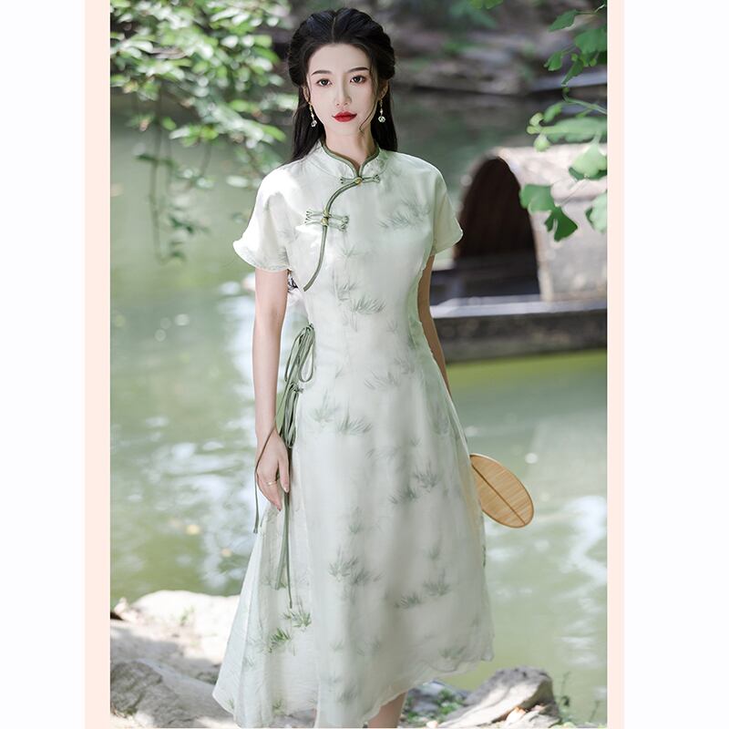 [Tatsuko Chenis Series] ★China style dress★ 2color dress coming of age ceremony girls' night out date short sleeve dress summer clothes green beige chiffon cool