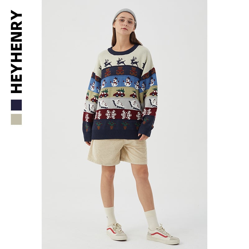 [HeyHenry Series]★Sweater★ 2color Christmas New Year Red Green Blue Deer Pattern Autumn/Winter Men's Couple Clothes Unisex