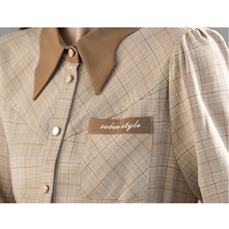 [GUIDUO Series]★Shirt★ Tops, long sleeve shirt, plaid pattern, women's, improves temperament, color scheme, easy to match, brown