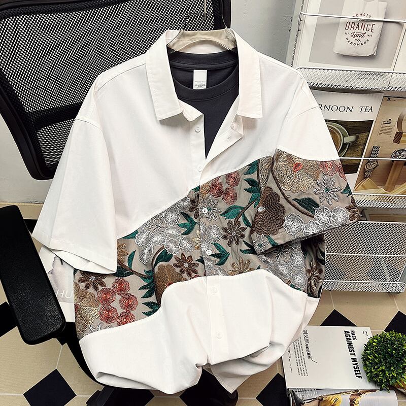 [High Series] ★Chinese-style shirt★ 2 colors, black or white, short sleeves, summer, embroidery, floral pattern, unisex, large size