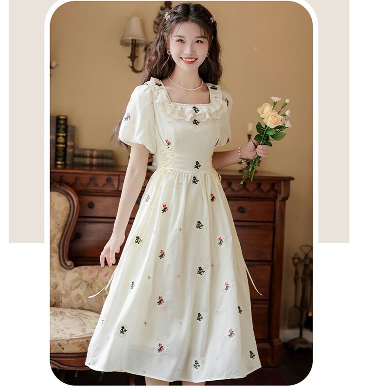 [Jinkyoku Series] ★One Piece★ Embroidered Dress, Short Sleeve, Cute, Ladies, Date, Designed, Improves Temperament, Stylish