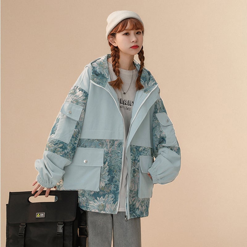 [Fujiiman Series]★Jacket★ Outerwear 2color Floral Pattern Switching Unisex Unique Large Size Beige Blue