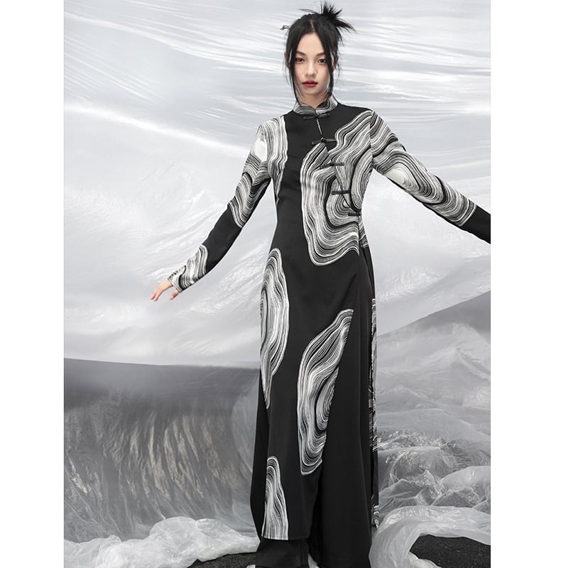 [Da Qinglong Shu Series] ★China-style dress★ Improved cheongsam dress, long sleeves, slits, print, long length, original, slimming