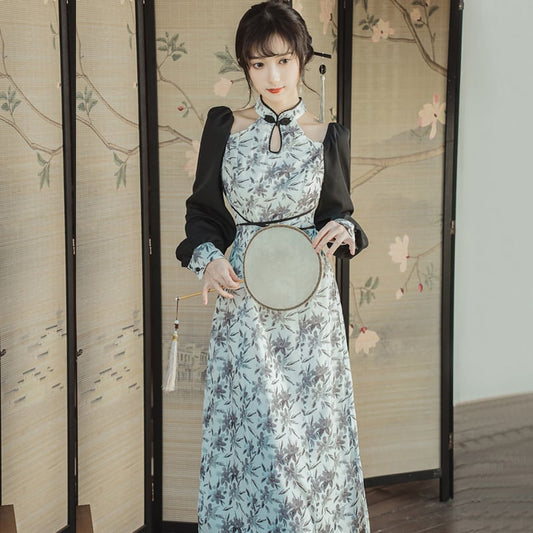 [Only you series] ★China style dress★ Improved cheongsam dress, off-the-shoulder ink pattern, slimming wear, date photo shoot