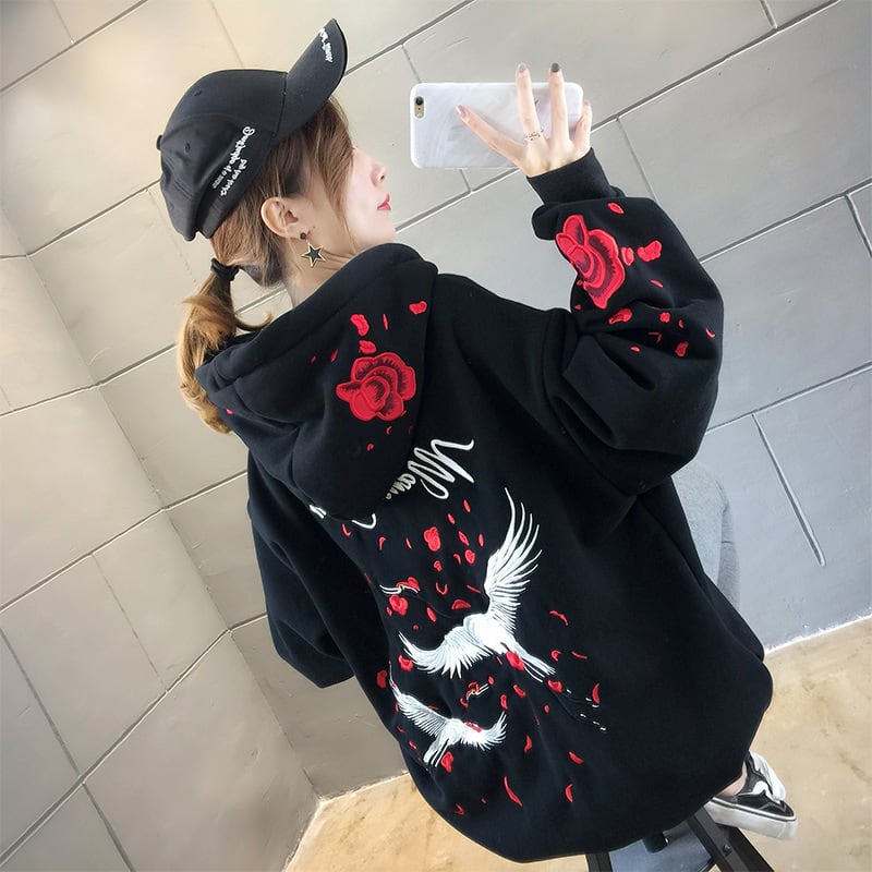 チャイナ風パーカー トップス 鶴 花柄 大きいサイズ ゆったり ブラック M L XL 2XL