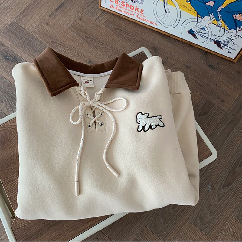 [CHAOMEICHEN Series] ★Tops★ 3color POLO Neck Unisex Men's Long Sleeve Cartoon Apricot Green Navy