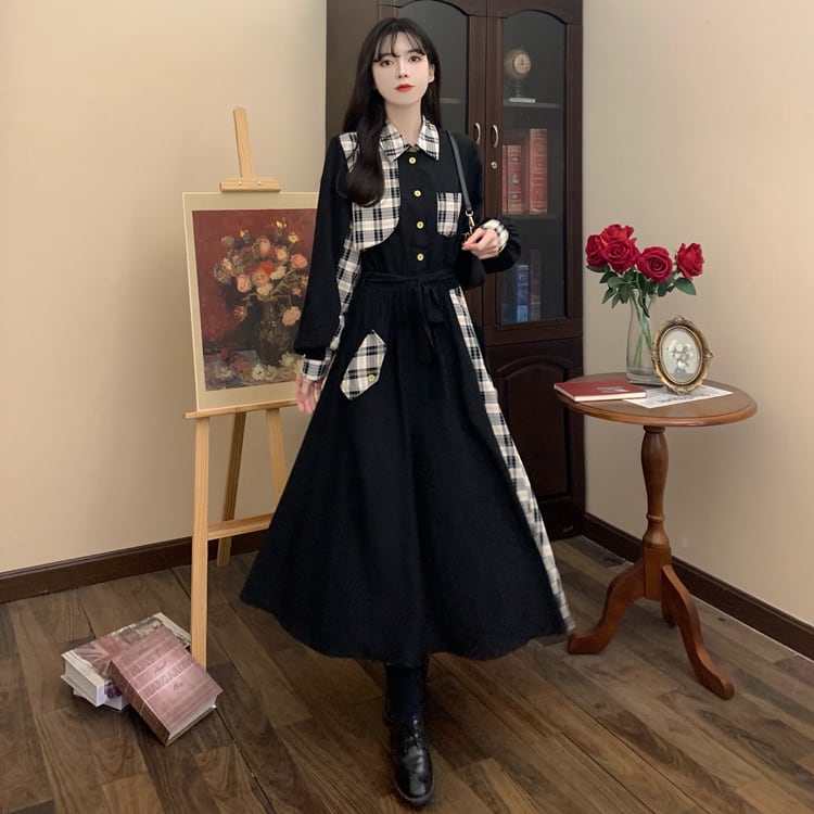 [Dong Xiaojie Series] ★Checked pattern dress★ Large size, fake layered, slimming, switching, cute, black, black