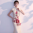 Load image into Gallery viewer, Chinese dress, party dress, dress, Chinese style clothing, girls' night out, reunion, stand neck, short sleeve, long length, maxi length, elegant, slimming, cute, large size, SML, XL, 2XL, improved Chinese dress, mermaid line, lace
