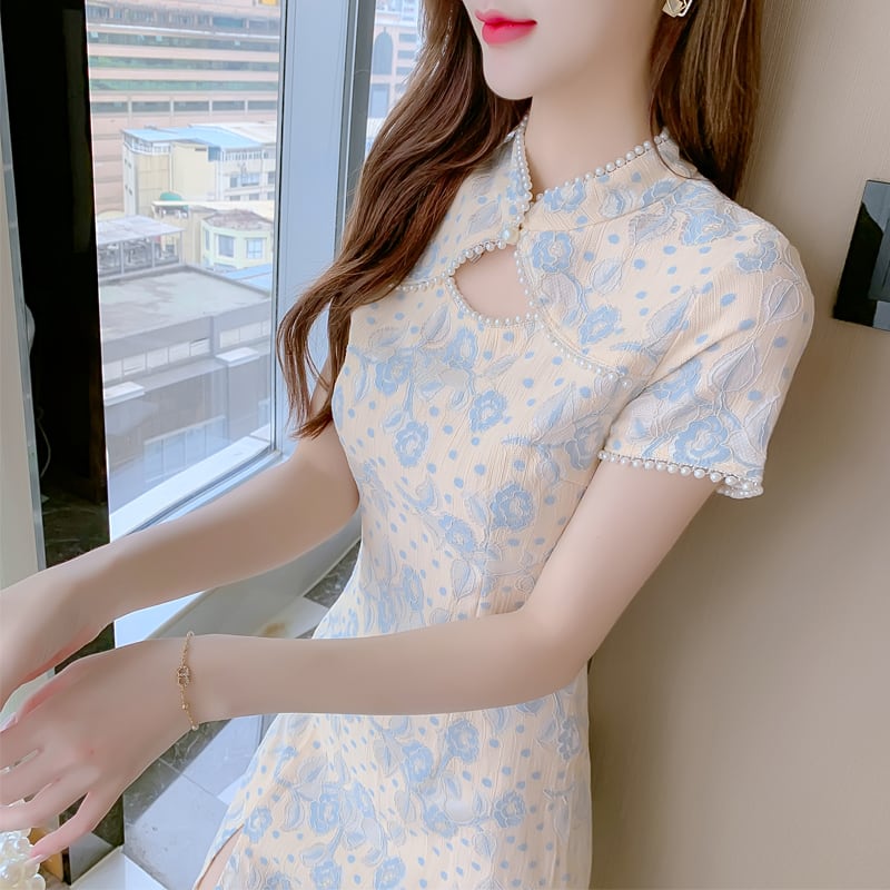 [Flower and Non-Flower Series]★China style dress★ Cheongsam dress, short length, floral pattern, lace, summer, ladies, cute