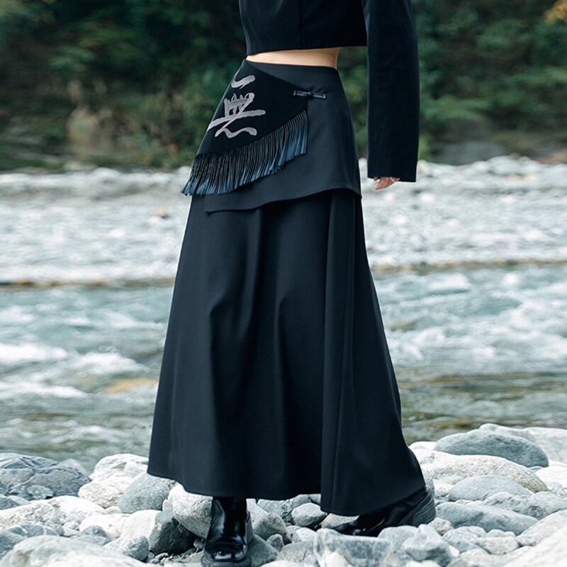 [Big Blue Dragon Series] ★China style skirt★ Bottoms fake layered black black slimming design.