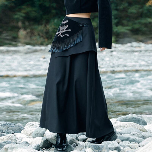 [Big Blue Dragon Series] ★China style skirt★ Bottoms fake layered black black slimming design.