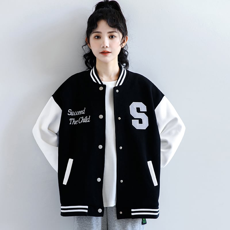 [ZISU0 series] ★Outer★ Stadium jacket fashion ladies black black color scheme alphabet