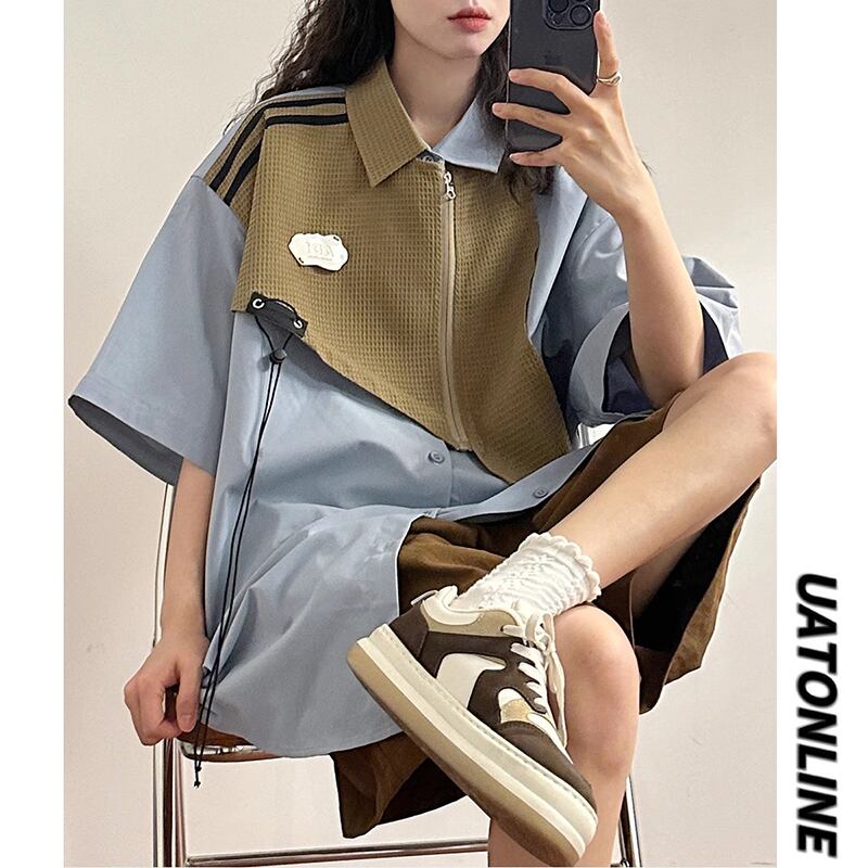 [UATONLINE Series]★Shirt★ 3color Tops Fake Layered Unisex Men's Blue Beige