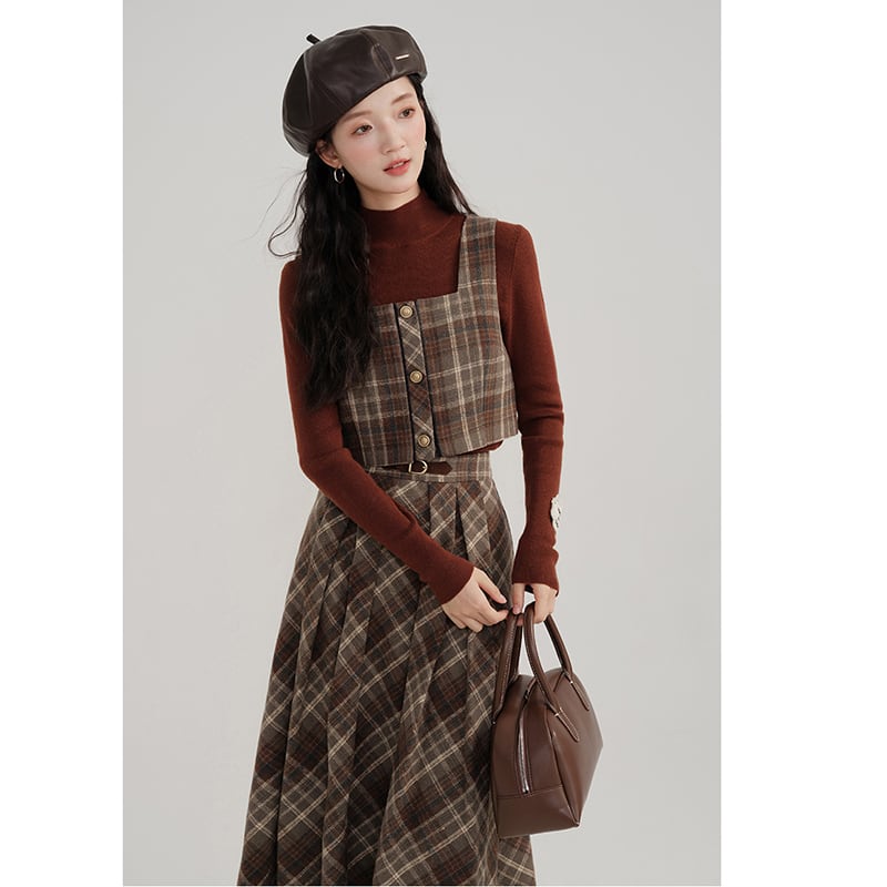 [Kiyi series]★Setup★Checked pattern vest + checked pattern skirt Retro cute Daterasha