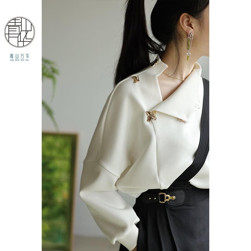 [Aoyama Man Series]★Chinese style tops★ Improves temperament Original long sleeve Chinese clothes Thick Retro Autumn clothes Winter clothes Black White