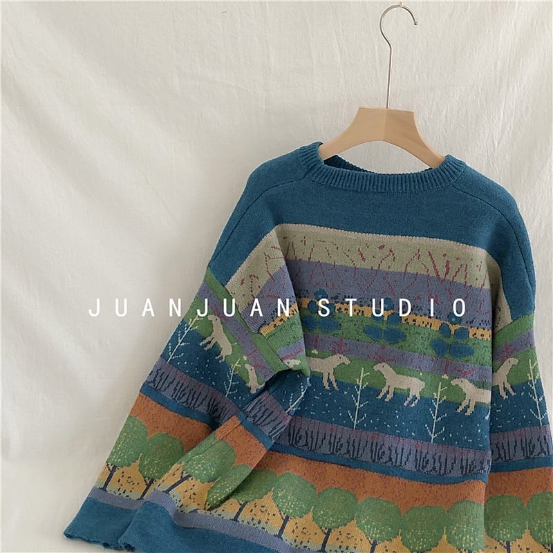 [Book Series] Sweater Tops Retro Pullover Round Neck Unique Pattern Cute