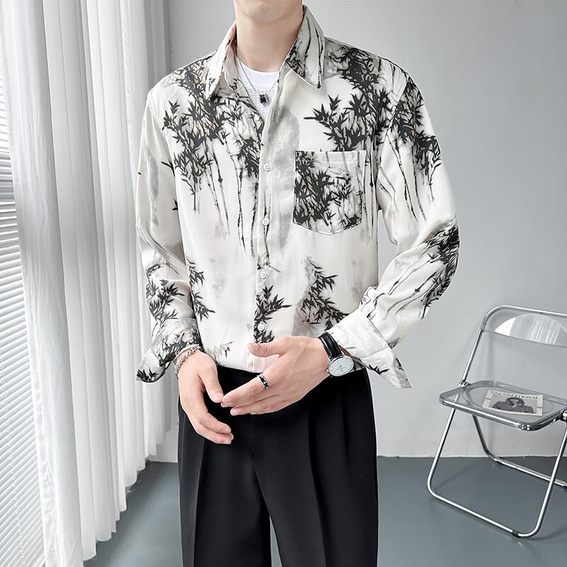 [Illustrated series] ★China style shirt★ Tops, long sleeve shirt, unisex, men's ink pattern, retro, easy to match