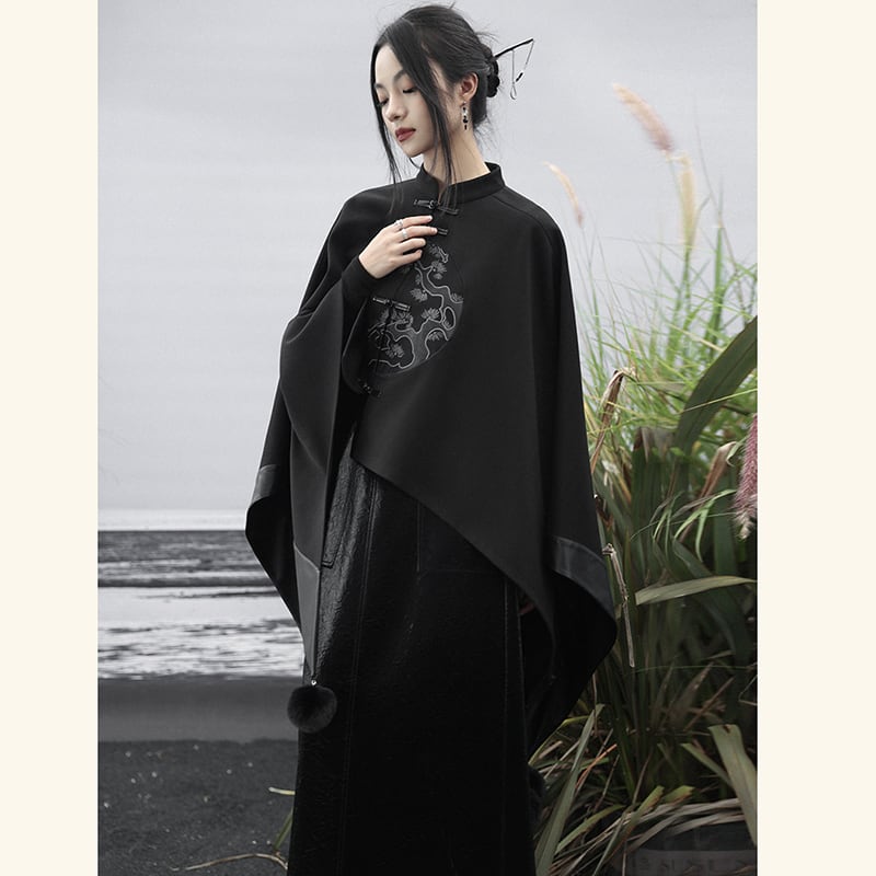 [Da Qinglong Shu Series] ★China style outerwear★ Cloak coat Rasha embroidery Chinese clothing Black Black Irregular