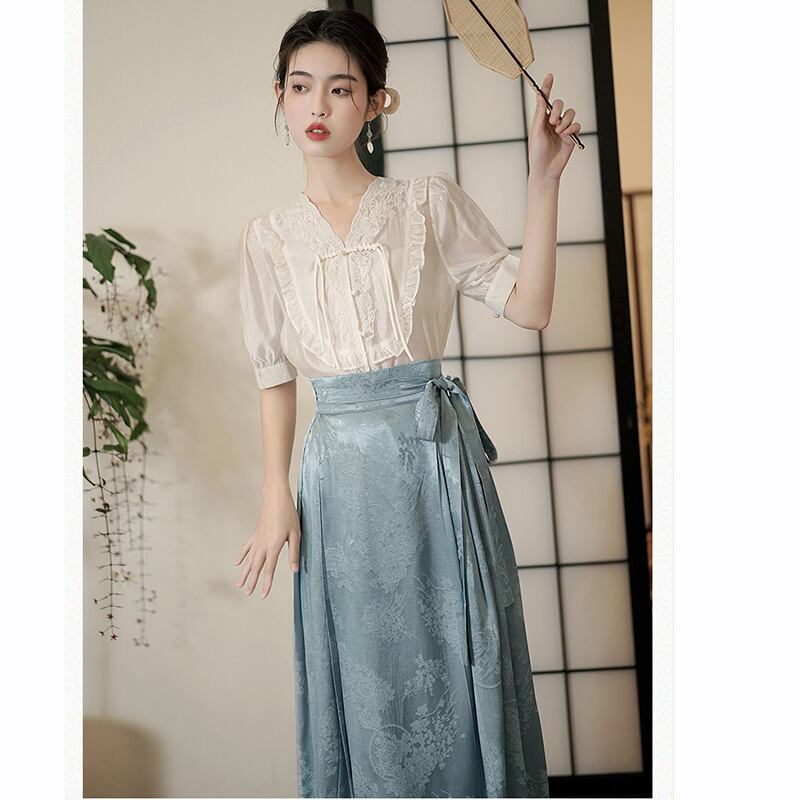 [QIYC Series] ★Chinese style shirt★ V-neck short sleeve tops, summer clothes, improves temperament, improved Hanfu, Hanfu tops, gives a gentle impression