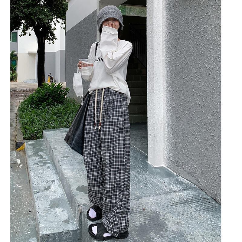 [Kumikumi Series] ★Casual Pants★ 2color Bottoms Trousers Casual Plaid Pattern Black Coffee Color Elastic Waist