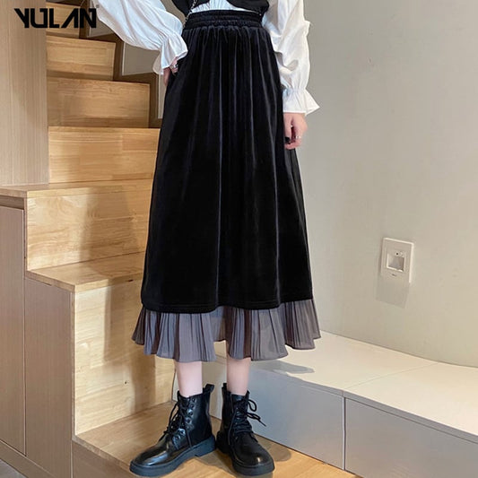 [Goran series] ★Long skirt★ Bottoms Velvet High waist Layered style Easy to match A-line