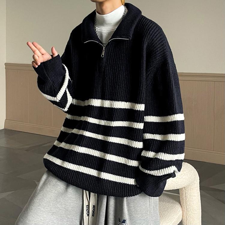 [PPG Series]★Sweater★ 3color Tops Unisex Men's Vertical Striped Striped Pattern Casual Navy Black White