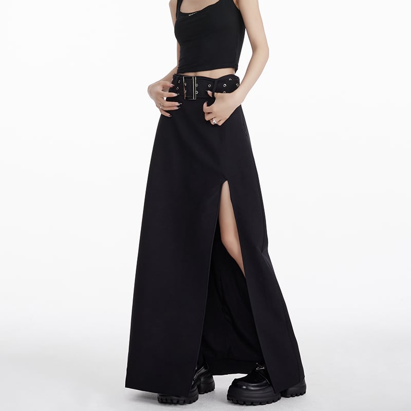 [EDX Series]★Skirt with belt★ 2color bottoms long skirt black gray high-looking slit fashionable