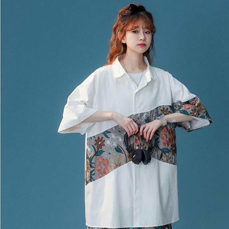 [High Series] ★Chinese-style shirt★ 2 colors, black or white, short sleeves, summer, embroidery, floral pattern, unisex, large size