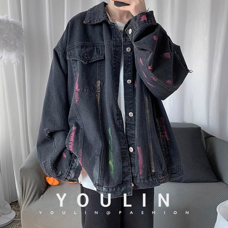 [YOULIN Series]★Denim jacket★ 2color outerwear unisex men's graffiti black blue