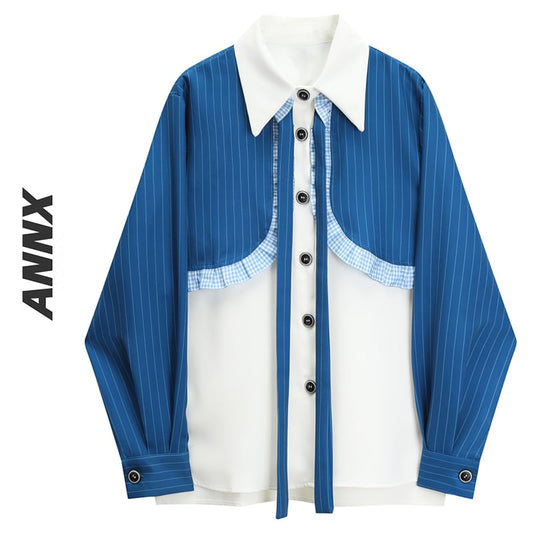 [ANNXstudio series] ★Shirt★ Long sleeve shirt Shirt Tops Fake layered Switching Design available