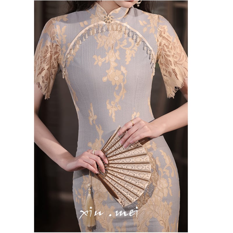 [XIUMEI Series]★China Dress★ Lace Dress, Short Sleeve, Long Length, Chinese Clothes, Short Sleeve, Sexy, Party, Wedding