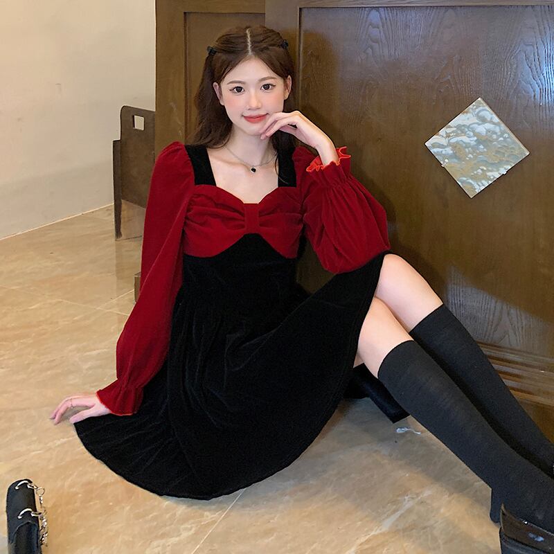 [Kodokuya Series] ★Dress★ Large size, slimming, fake layered, Christmas, New Year, red, black