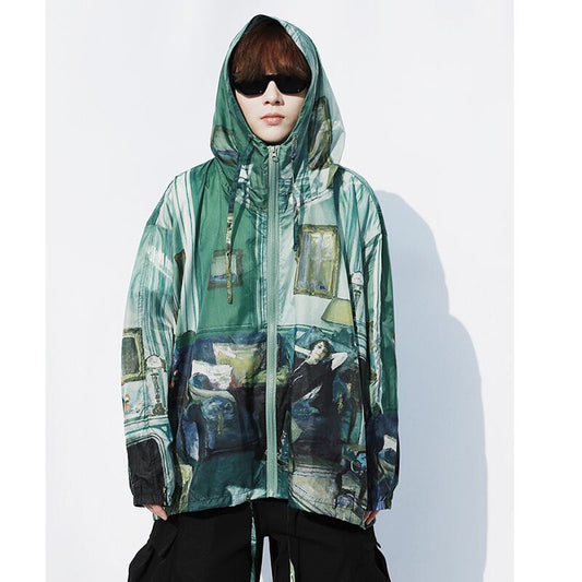 [SIN87 Series] ★UV protection★ UPF50+ Oil painting style Sun protection Cooling protection Thin outerwear Loose green Unisex Men's