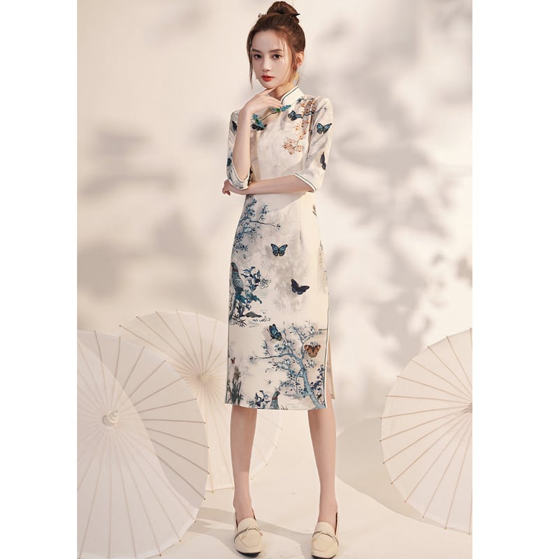 [Bacho Senko Series] ★Cheongsam dress★ Dress, long length, butterfly, elegant, large size, slim