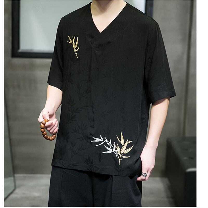 [JIARONG Series]★China style T-shirt★ Embroidery tops 3color Unisex Men's Large size Thin V-neck