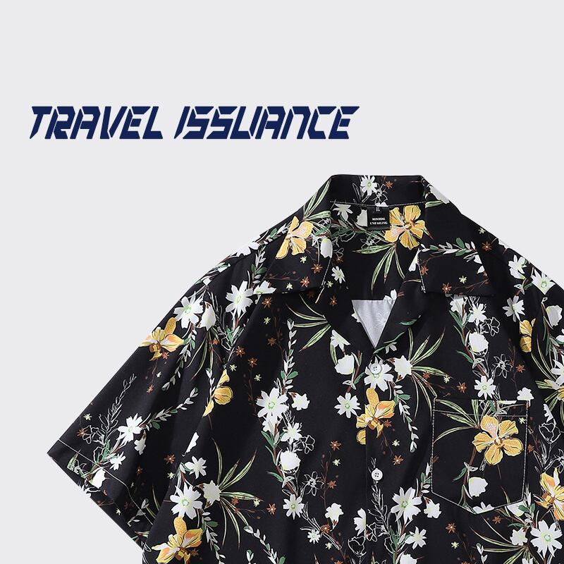 [TRAVEL ISSUANCE Series] ★Retro Shirt★ Floral Shirt Unisex Men's Loose Black Black