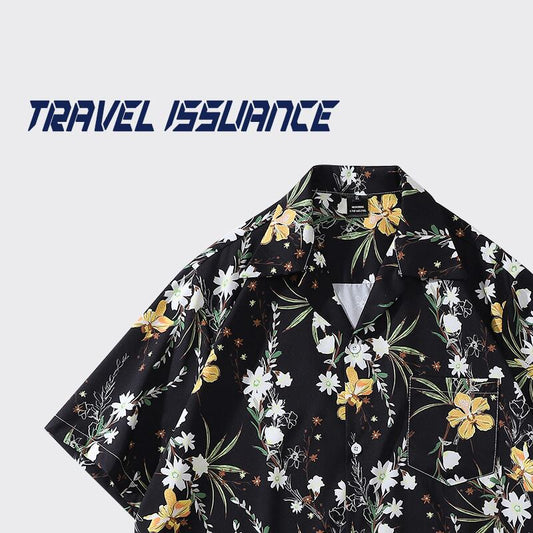 【TRAVEL ISSUANCEシリーズ】★レトロ シャツ★ 花柄シャツ 男女兼用 メンズ ゆったり ブラック 黒い