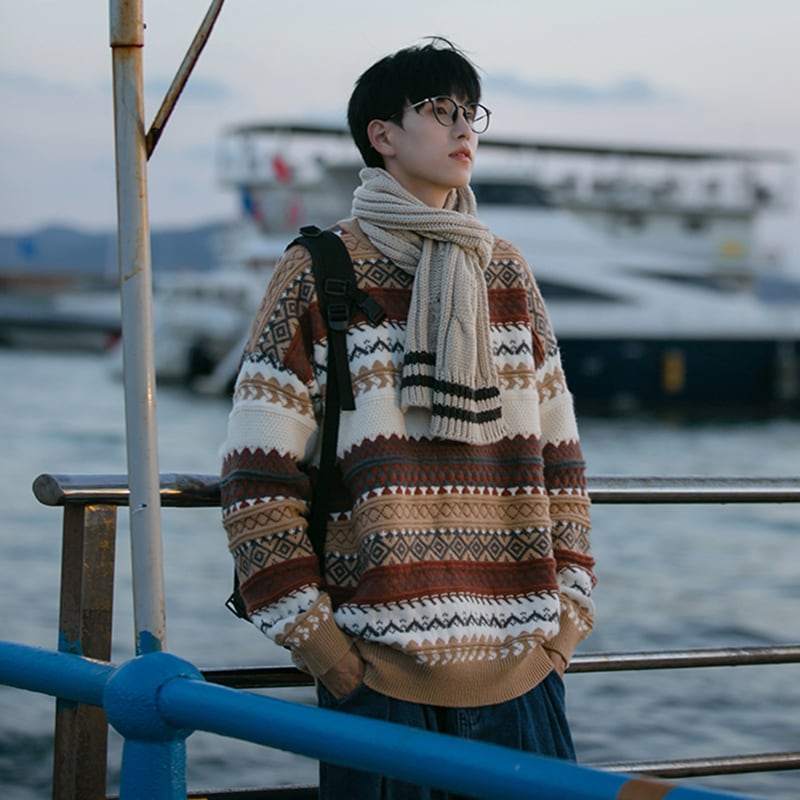 [Pvpvpv Series]★Sweater★ 2color Tops Christmas Unisex Men's Vertical Striped Striped Pattern Gray Brown