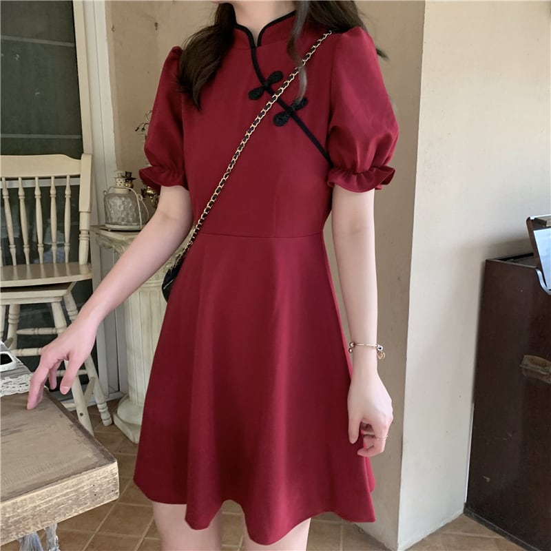 [KEKE Series]★China Dress★ 2color Short Length Date, Graduation Ceremony, Wedding, Slimming Chinese Clothing SML Red Black Short Sleeve