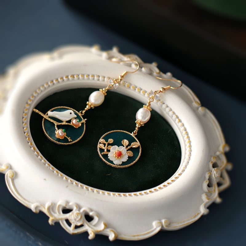 [Ma series] ★China style earrings★ Pair of earrings for women, improving temperament, accessories, birds, flowers, circles