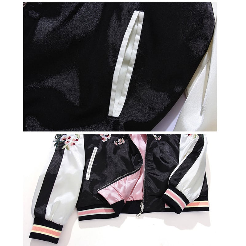 Flower embroidered stadium jacket, double-sided clothing, Chinese style clothing, unisex, couple clothing, pink + black