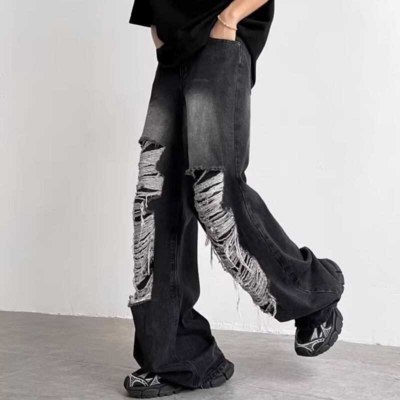 [Leonbinno Series]★Denim pants★ 2color bottoms pants unisex men's distressed fashion black blue