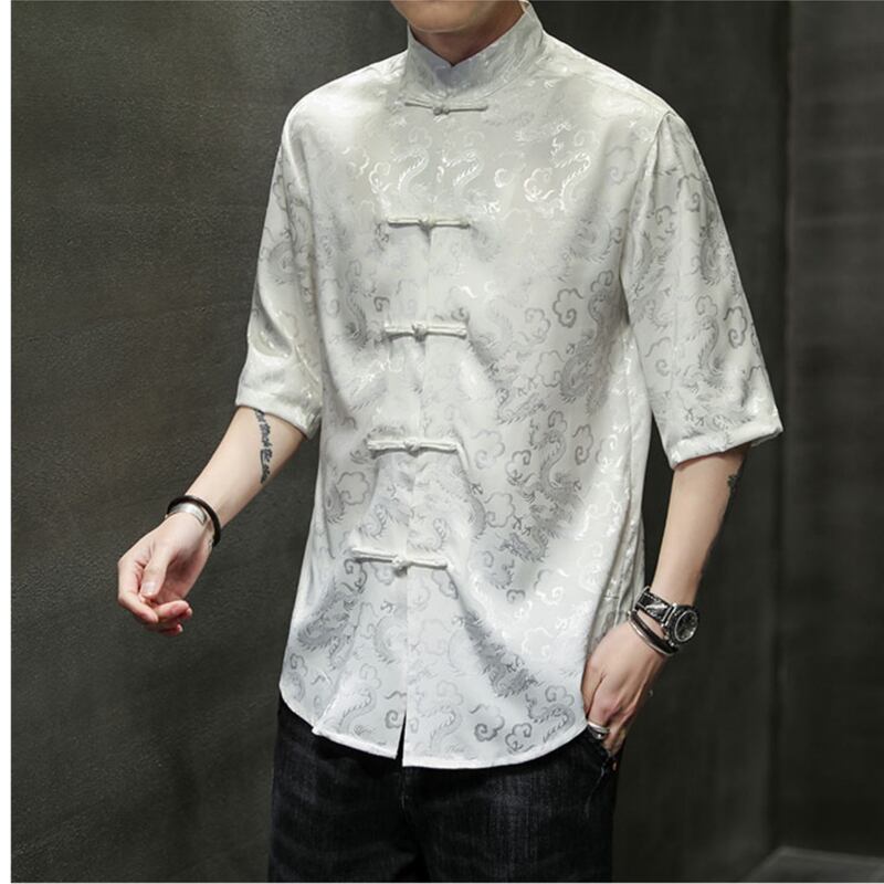 [Tsuncho Series]★China style shirt★ Short sleeve shirt Men's 6color tops Dragon crest Large size Black White Blue Yellow Red Thin Summer clothes