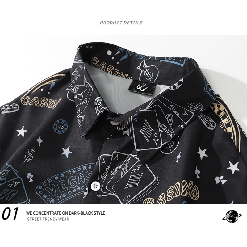 [MOISHE TIDE Series]★Shirt★ Tops Floral Shirt Long Sleeve Shirt Playing Cards Unisex Men's ML XL 2XL Black