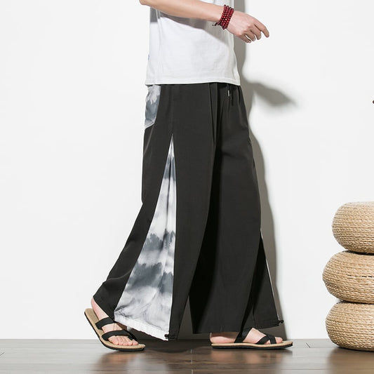 [Grass ink series] ★Chinese style pants★ 2 colors, black or white, men's gaucho pants, gaucho, ink print, loose fit