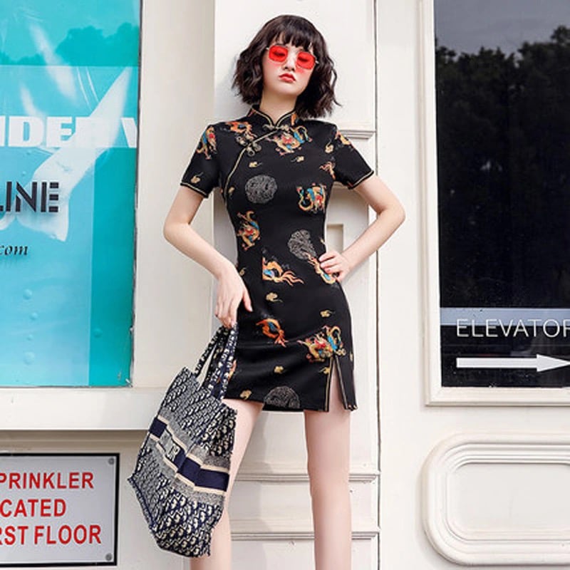 [YIJIA Series] ★Cheongsam dress★ Mini length dress improved version retro sexy black black large size