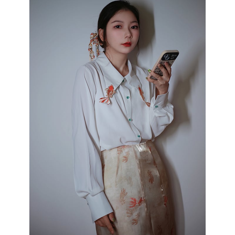 [Big Fish Series]★China Style Shirt★ Tops Goldfish Women's Long Sleeve Shirt Embroidery Large Size White White